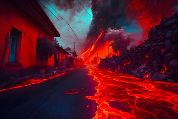 Large scale volcanic eruption lava flows through the streets, destroying areas of the city. Generative AI