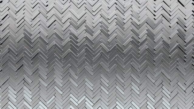 3D Tiles arranged to create a Luxurious wall. Polished, Silver Background formed from Herringbone blocks. 3D Render