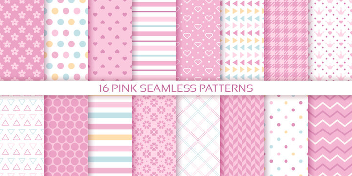 Pink seamless pattern. Scrapbook background. Set baby girl textures. Baby shower packing paper with polka dot, stripes, hearts and zigzag. Cute pastel print for scrap design. Color vector illustration