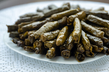 Traditional delicious Turkish foods , stuffed leaves ,traditional turkish dish made from rice wrapped in grape leaves