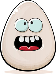 Egg character. Cartoon white egg isolated on white background. Funky food egg character with eyes and mouth. Vector white egg clip art, emoji, label and sticker