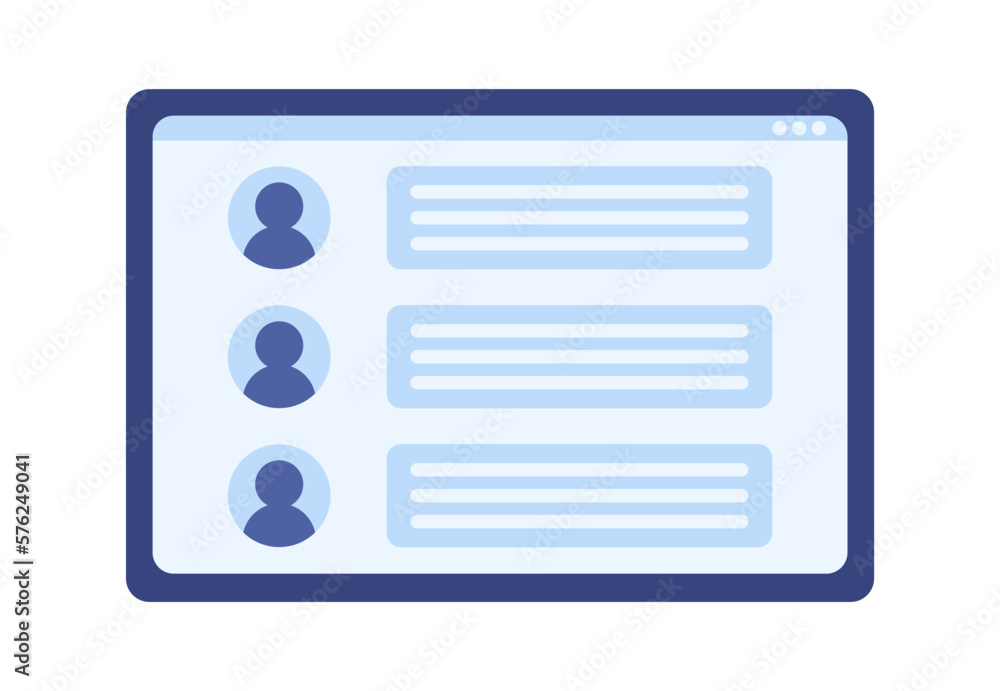 Poster tablet screen with users comments semi flat color vector object. social media. editable element. ful