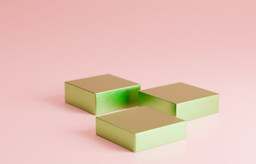 Obraz premium Green chrome covered boxes with small bevel. Product advertising marketing background in pink. Various heights in stages.