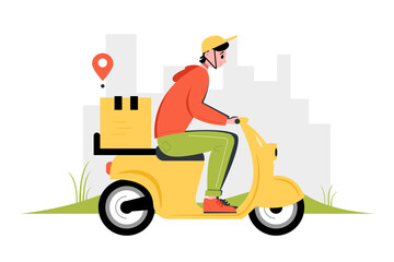 Fast and free delivery by scooter. Delivery service concept. illustration.