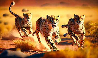 A pride of cheetahs sprinting across the savanna - obrazy, fototapety, plakaty