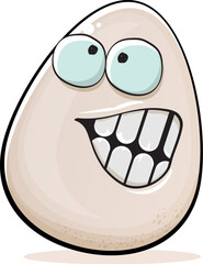 Egg character. Cartoon white egg isolated on white background. Funky food egg character with eyes and mouth. Vector white egg clip art, emoji, label and sticker