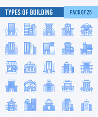 Fototapeta premium 25 Types of Building. Two Color icons Pack. vector illustration.