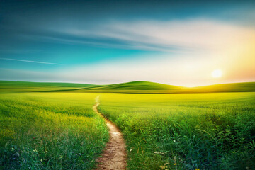 Picturesque winding path through a green grass field in hilly area in morning at dawn against blue...