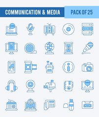 25 Communication And Media. Two Color icons Pack. vector illustration.