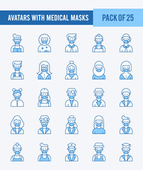 25 Avatars With Medical Masks. Two Color icons Pack. vector illustration.