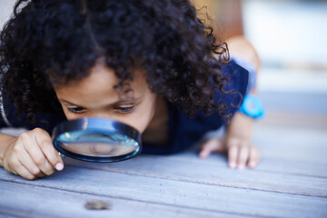 Hes a curious kid. Cropped shot of a cute little boy inspecting an insect with a magnifying glass. © Laflor/peopleimages.com