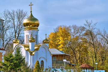 Orthodox church on the territory of the tourist complex Zaimka over the Ussuri River near the city of Khabarovsk. Russia.