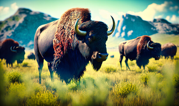 A herd of buffalo grazing on the plains
