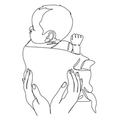 Mother's hands hold the child. Abstract mother with a child in continuous one line drawing art style. Mother`s Day card. 