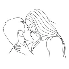 One Line Art Couple, Line Art Men and woman, Minimal Face Vector.  Couple print, Kiss print, Valentines Day Illustration. Love poster. 2 faces. 