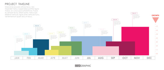 project timeline & plans growth Infographic template for business. 12 Months modern Timeline diagram calendar with presentation vector infographic.	