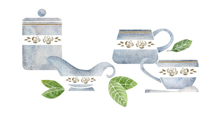 Watercolor hand drawn composition with porcelain capuccino coffee cups, leaves, foam art, top view. Isolated on white background. For invitations, cafe, restaurant food menu, print, website, cards