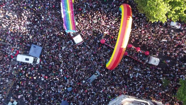 Aerial Birdseye View Of A Massive Crowd And A Colored Truck During A Pride Parade In Argentina