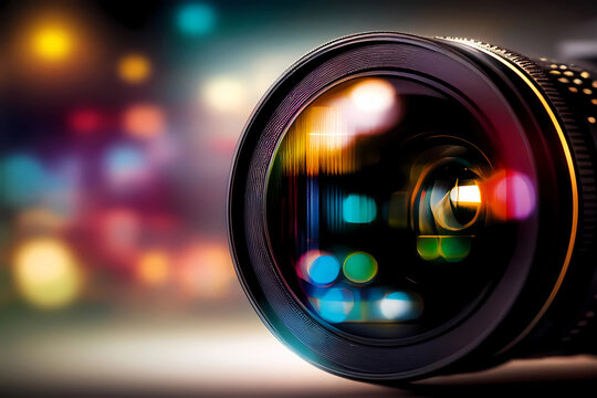 Camera lens on colorful bokeh background. Generative ai design.