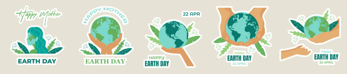 Earth day sticker pack. International Mother Earth Day. Ecology and environmental protection concepts. Vector illustration in flat style