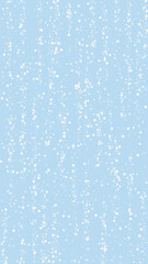 Magic falling snow christmas background. Subtle flying snow flakes and stars on light blue winter backdrop. Magic falling snow holiday scenery.   Vertical vector illustration.