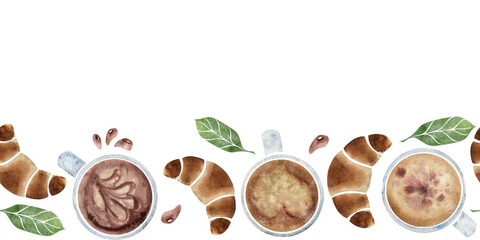 Watercolor hand drawn horizontal seamless banner with coffee cups, leaves, beans, croissants, orange. Isolated on white background. For invitations, cafe, restaurant food menu, print, website, cards