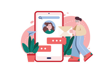 Red concept Online chatting with people scene in the flat cartoon design. Guy sends a letter to a girl and communicates with her in an online chat. Vector illustration.