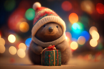 Adorable Mole with Christmas Hat and Present: A Bokeh Holiday Delight