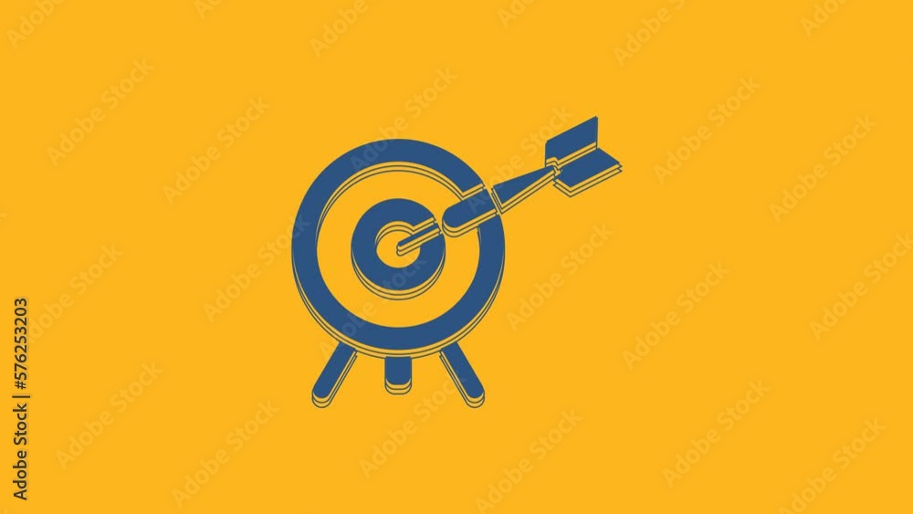 Poster blue target with arrow icon isolated on orange background. dart board sign. archery board icon. dart