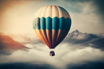 Hot air balloon on sky with fog, vintage and retro instagram filter effect style. Generative AI.