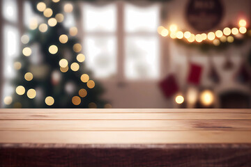 Empty wooden table and blurred christmas background. Generative ai design.
