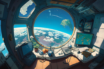 Earth view from a spaceship window. Generative AI.