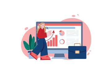 Business planning red concept with people scene in the flat cartoon design. Business woman work on planning her events and tasks on the computer. Vector illustration.