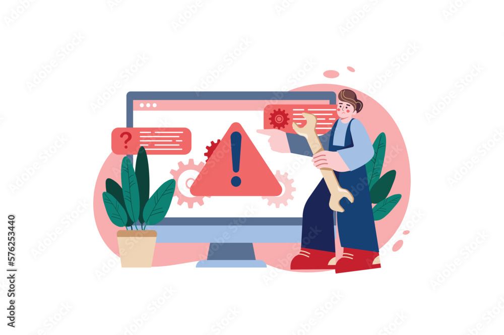 Poster technical support red concept with people scene in the flat cartoon style. technician came to fix al