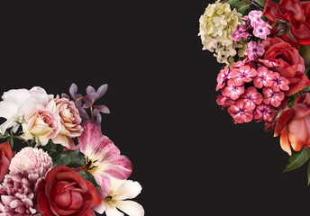 Floral banner, header with copy space. Red roses, white hydrangea anf phlox isolated on dark  background. Natural flowers wallpaper or greeting card.