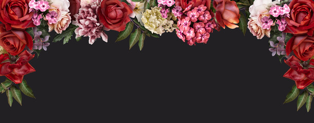 Floral banner, header with copy space. Red roses, white hydrangea anf phlox isolated on dark  background. Natural flowers wallpaper or greeting card.