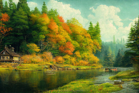 autumn in the river bank with cottage, geneartive ai, vintage painting, wall art. mural art