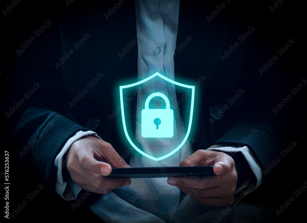 Poster smartphone security data technology, mobile phone device with protection shield and padlock. large v