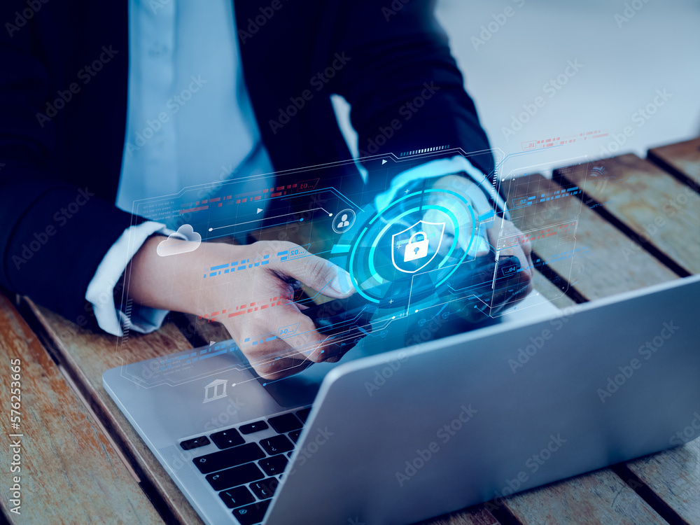 Poster cybersecurity, secure data technology on mobile phone device with protection shield. virtual digital