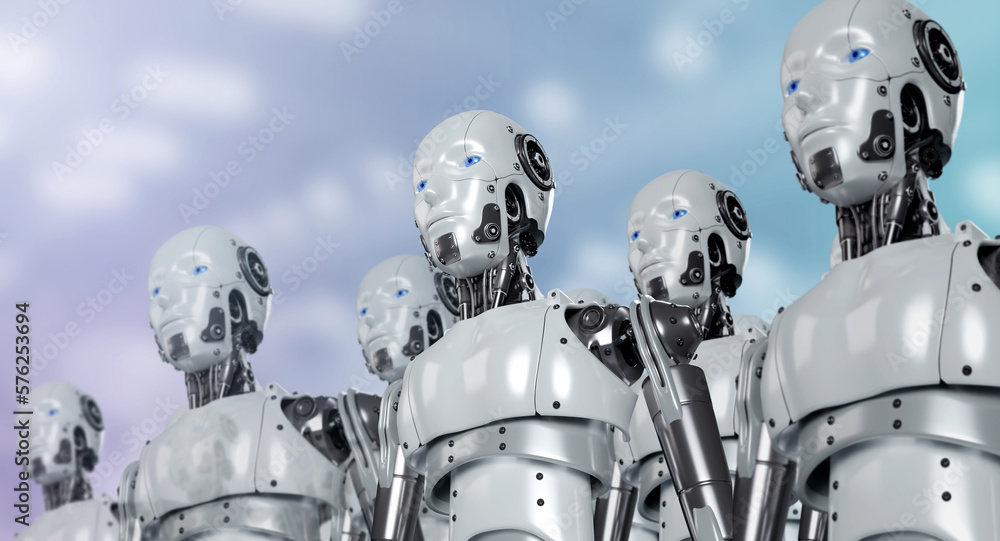 Poster 3d rendering of human robot portraits in the row of robotics army, industrial group of cyborg machin