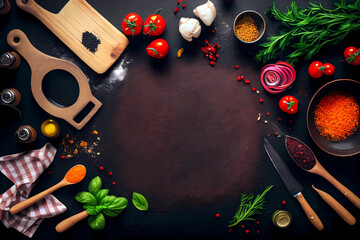 Food cooking top view background. Generative ai design.