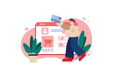 Red concept Online payment with people scene in the flat cartoon design. Man want to pay for different goods and services using online banking. Vector illustration.