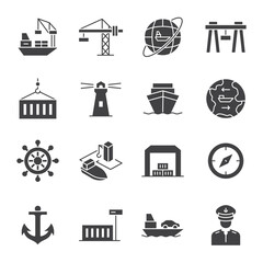 Seaport, icon set. Equipment for the shipping industry. Marine port and freight vessels. Logistic. Glyph style