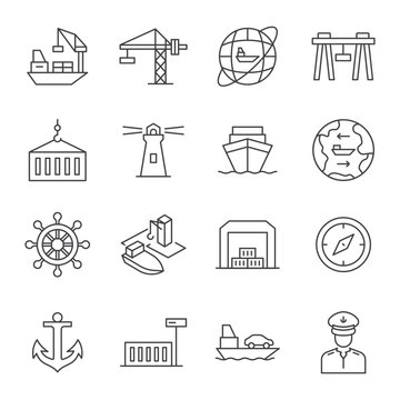 Seaport, icon set. Equipment for the shipping industry. Marine port and freight vessels. Logistic. Line or outline