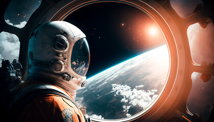 Generative AI illustration of a Creative art of Cosmic Explorer:  Astronaut in Spacesuit Standing front of a spaceship window