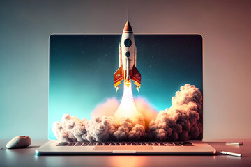 Launching rocket from laptop screen. Generative ai design.