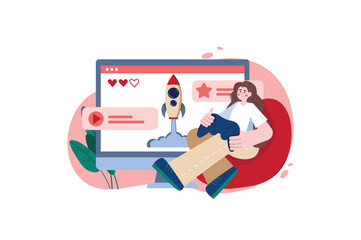 Gaming red concept with people scene in the flat cartoon design. Girl plays computer games while sitting at home. Vector illustration.