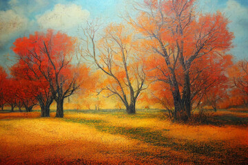 Fototapeta premium autumn landscape with trees , vintage painting, wall art, Generative AI