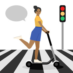 Woman riding Scotter on the road, traffic light, Vector