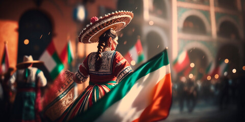 Colorful Fiesta on the Streets of Mexico - Celebrating Cinco de Mayo with a Mexican Hat and Flag - obrazy, fototapety, plakaty